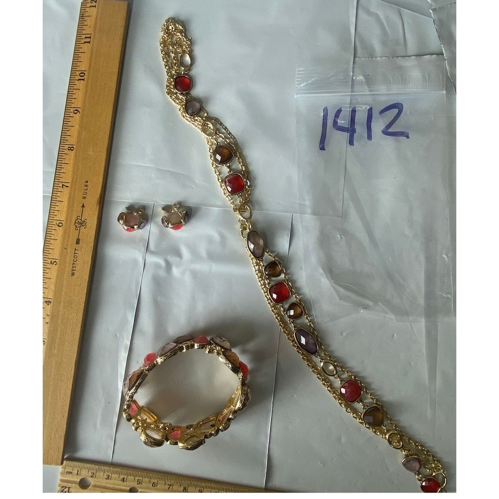 Gold Tone Gemstone Bracelet Necklace Earrings Set Red‎ Brown Purple